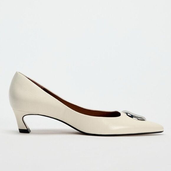 Zara Women's Metal Detail White Leather High Heel Shoes Pointed Toe Size US 9 - Picture 5 of 9